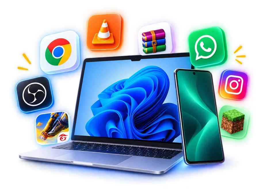 Notebook e celular cercados por ícones de aplicativos populares